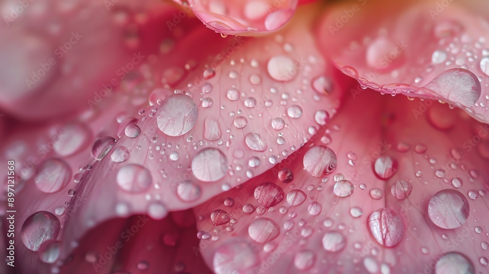 A close up of water droplets on a pink flower petal.