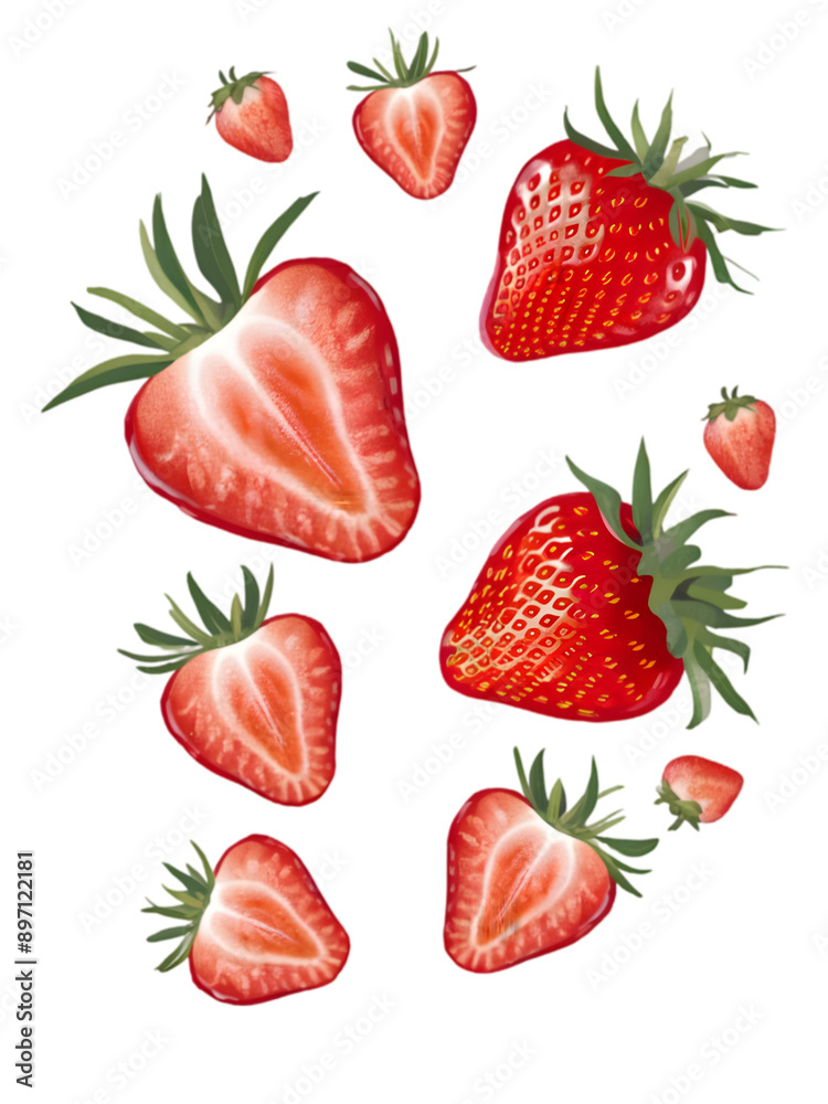 A close-up of a fresh, juicy strawberry isolated on white, showing its red, ripe fruit with a green leaf A close-up of a fresh, juicy strawberry isolated on white, showing its red, ripe fruit with a green leaf