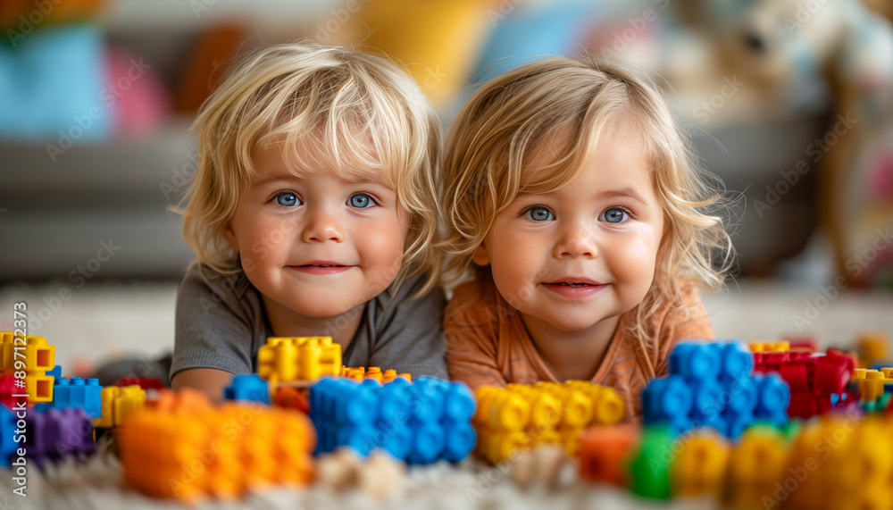 Two blonde toddlers playing toys in kindergarten. Adorable children looking at camera. Two blonde toddlers playing toys in kindergarten. Adorable children looking at camera.