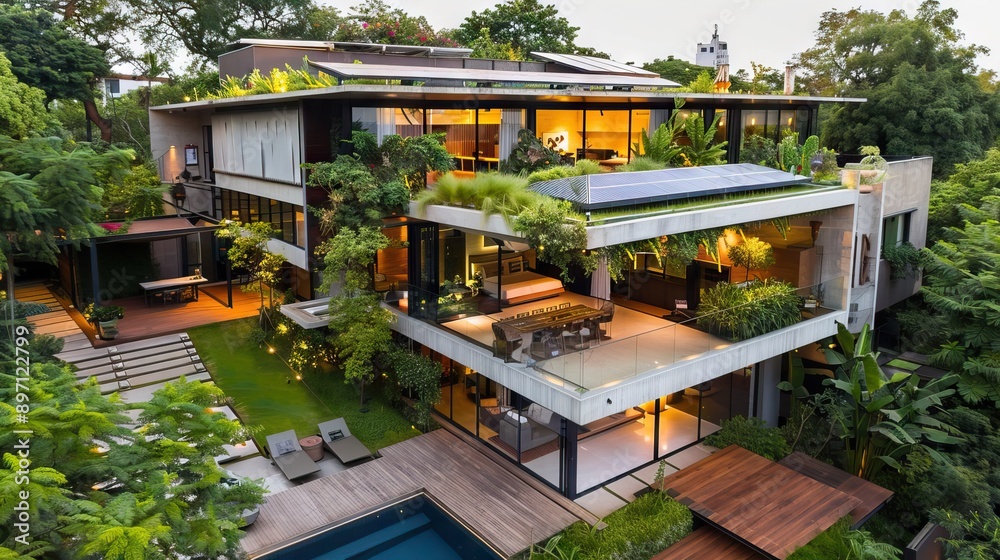 Modern large house with lighting and pool. 3D rendering. AI generated illustration Modern large house with lighting and pool. 3D rendering. AI generated illustration