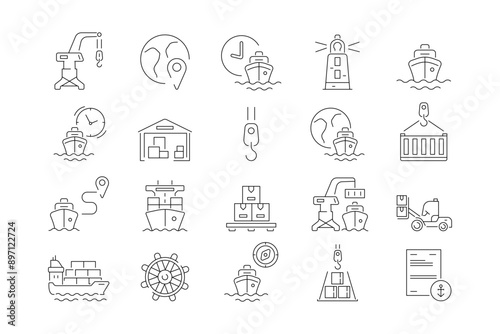 A set of logistics icons for maritime transport. A set of editable stroke icons such as shipping by sea, containers, transshipment at the port, documentation. The supply chain
