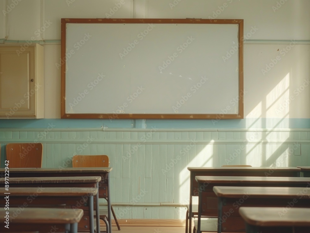 A typical classroom scene with rows of desks and a white board for teaching and learning A typical classroom scene with rows of desks and a white board for teaching and learning