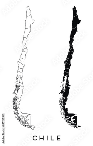 Chile map of regions districts vector black on white and outline