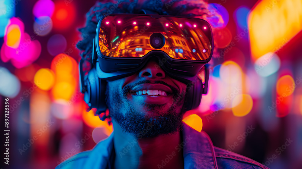 Handsome black man in virtual reality headset enjoying new experience of high tech.