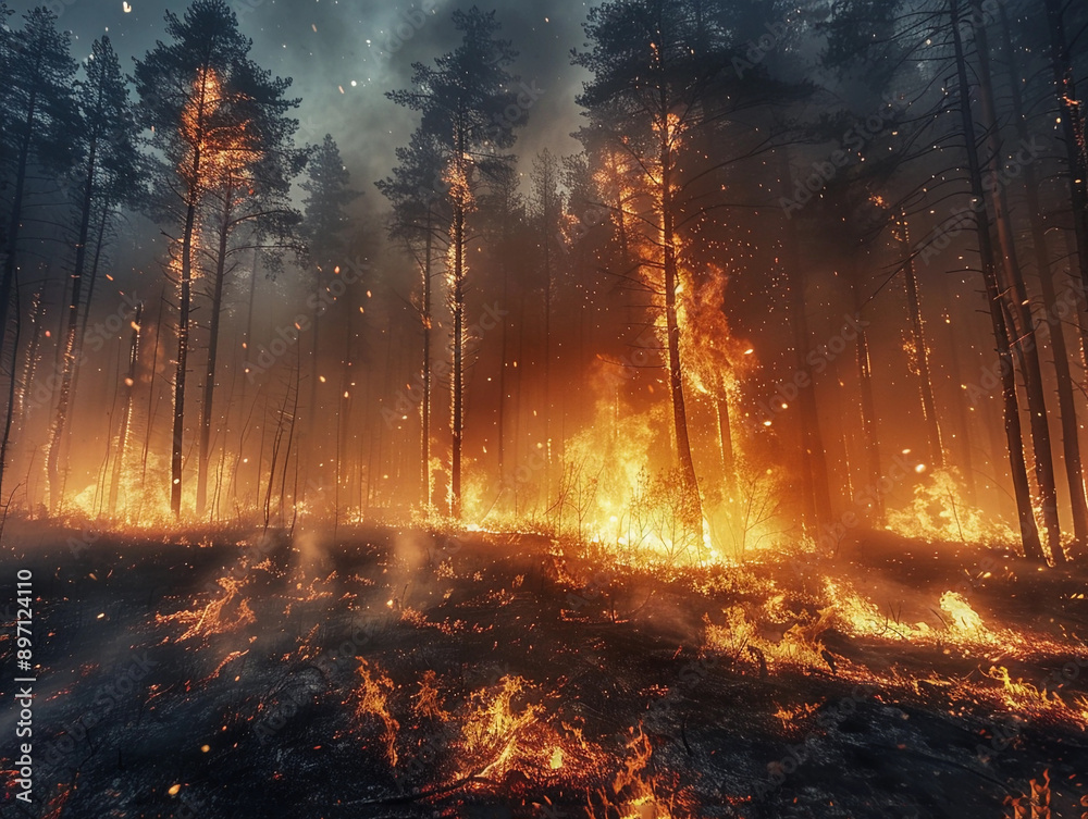 Forest Fire Burning Tall Pine Trees at Night Forest Fire Burning Tall Pine Trees at Night