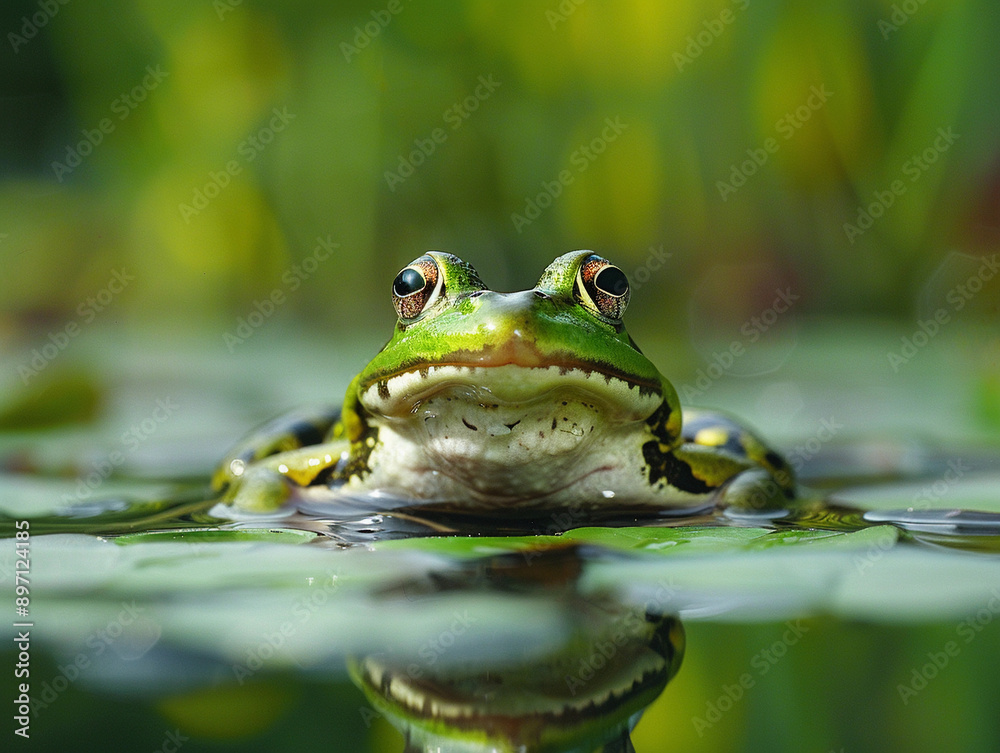 Green Frog Resting On Lily Pad In Pond On Sunny Day Green Frog Resting On Lily Pad In Pond On Sunny Day