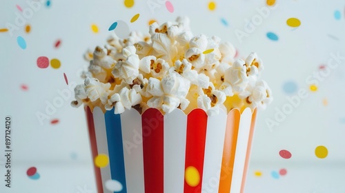 vibrant carnivalthemed popcorn bucket adorned with colorful stripes and confetti patterns overflowing with buttery kernels against a pure white backdrop photo