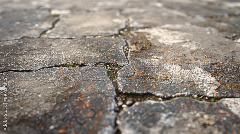 Detailed view of deteriorated cement floor showing signs of damage, including moss growth and rust accumulation Detailed view of deteriorated cement floor showing signs of damage, including moss growth and rust accumulation