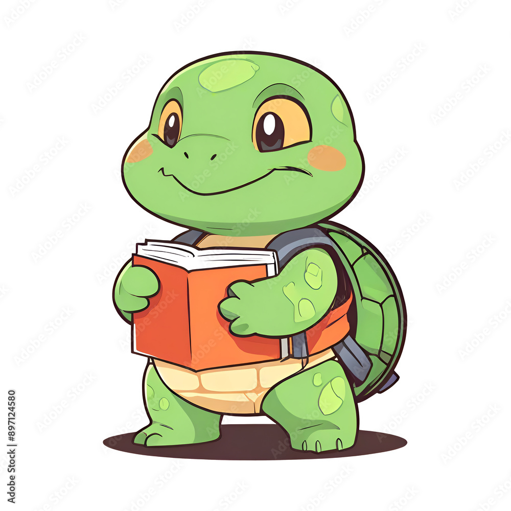 Fototapeta premium A cartoon turtle is holding a book and smiling