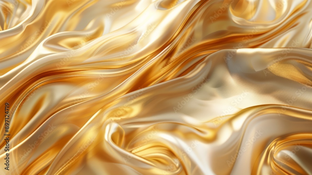 The golden silk fabric hangs elegantly, draping and flowing in soft waves, creating a mesmerizing sight The golden silk fabric hangs elegantly, draping and flowing in soft waves, creating a mesmerizing sight