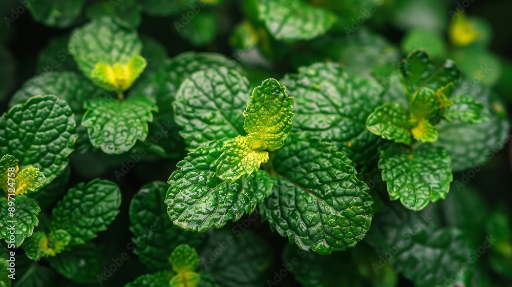 A detailed closeup of vibrant green mint leaves flourishing in a beautiful garden setting
