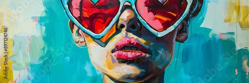 A colorful and abstract portrait of a woman wearing heart-shaped sunglasses, symbolizing love, individuality, style, and a playful sense of fashion.