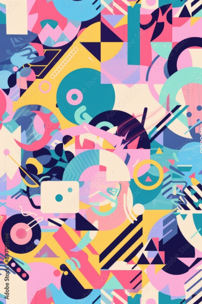 A vibrant abstract geometric pattern with various colorful shapes A vibrant abstract geometric pattern with various colorful shapes
