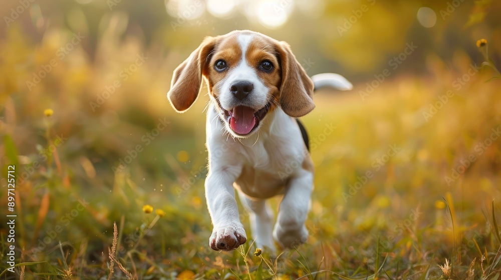 A playful beagle puppy joyfully romping through a picturesque meadow during the enchanting golden hour of sunset A playful beagle puppy joyfully romping through a picturesque meadow during the enchanting golden hour of sunset