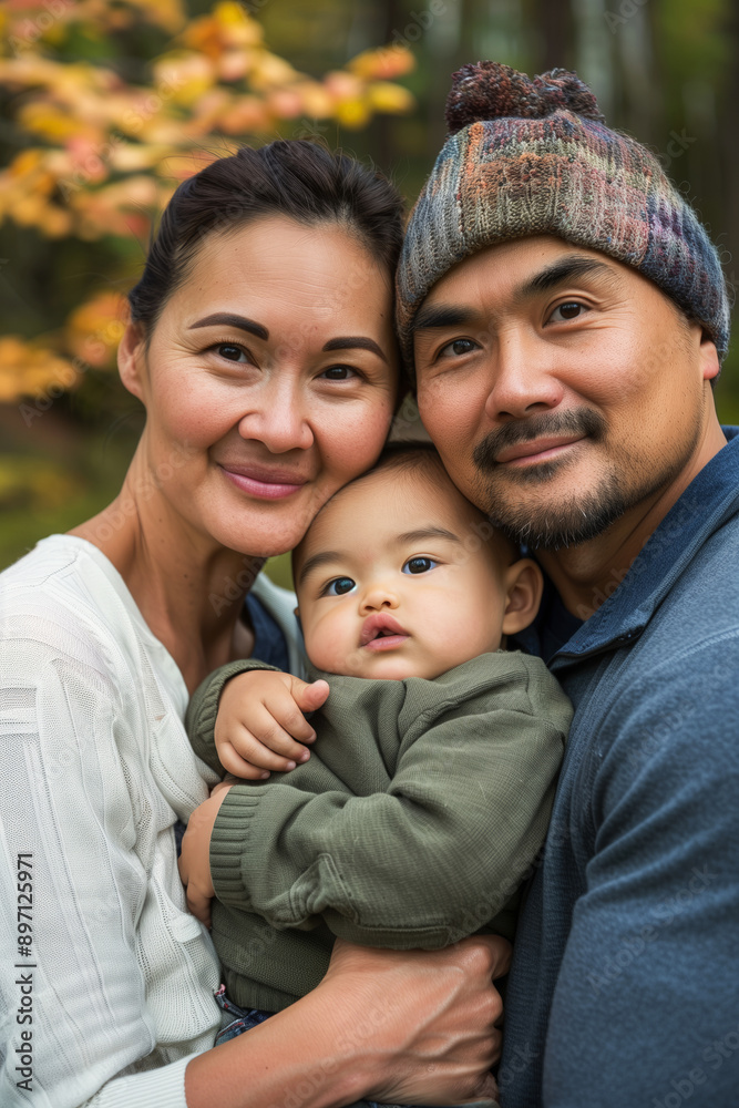 Autumn embrace with a cheerful family trio. Generative AI image Autumn embrace with a cheerful family trio. Generative AI image