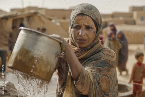 A Muslim woman fetching water in a rural village setting, with other villagers in the background