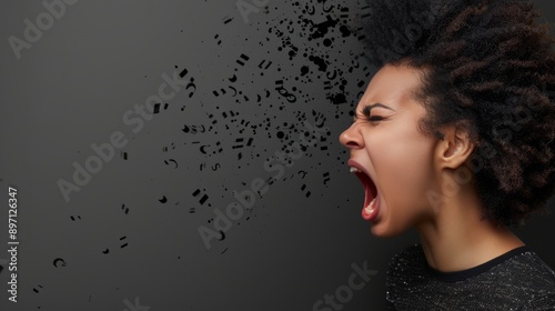 Woman screaming with abstract shapes dispersing from her mouth