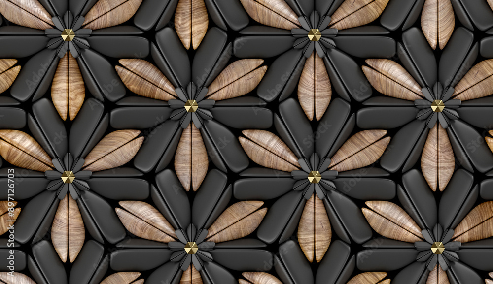 3d hard wood tiles with gold matte elements on black background