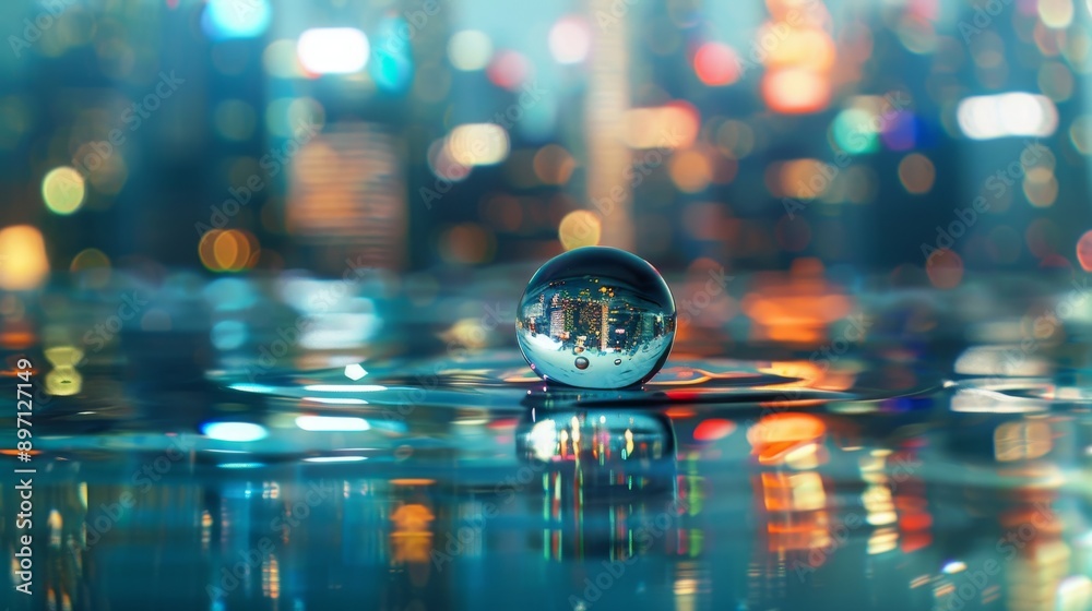 Fototapeta premium A single water droplet rests on a calm surface, reflecting the vibrant cityscape behind it. The image symbolizes the interconnectedness of urban life, the beauty of simplicity, and the power of reflec