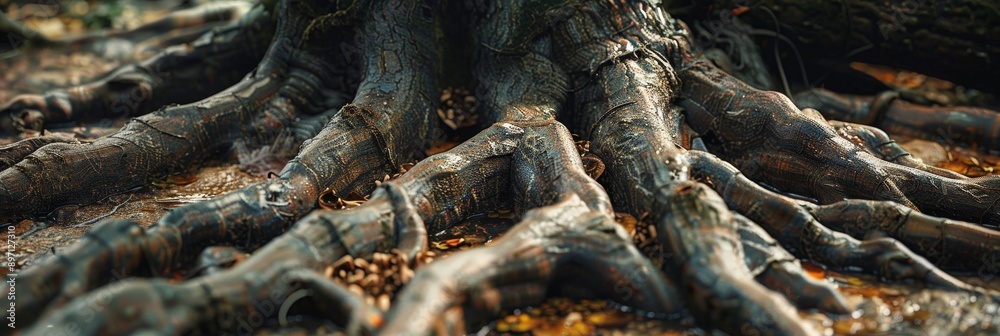 A close-up view of intricately woven tree roots, showcasing the strength and interconnectedness of nature.  The roots symbolize growth, resilience, and the hidden beauty of the natural world.