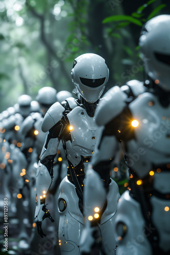 Futuristic Robot Cluster in a Misty Forest Setting. Generative AI image © ADDICTIVE STOCK CORE