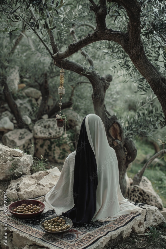 A woman sits on a rug under a tree, surrounded by nature A woman sits on a rug under a tree, surrounded by nature