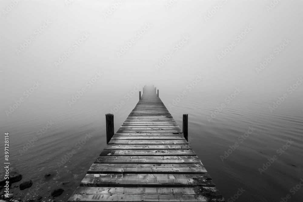 Obraz premium Misty lake pier in serene silence. Generative AI image