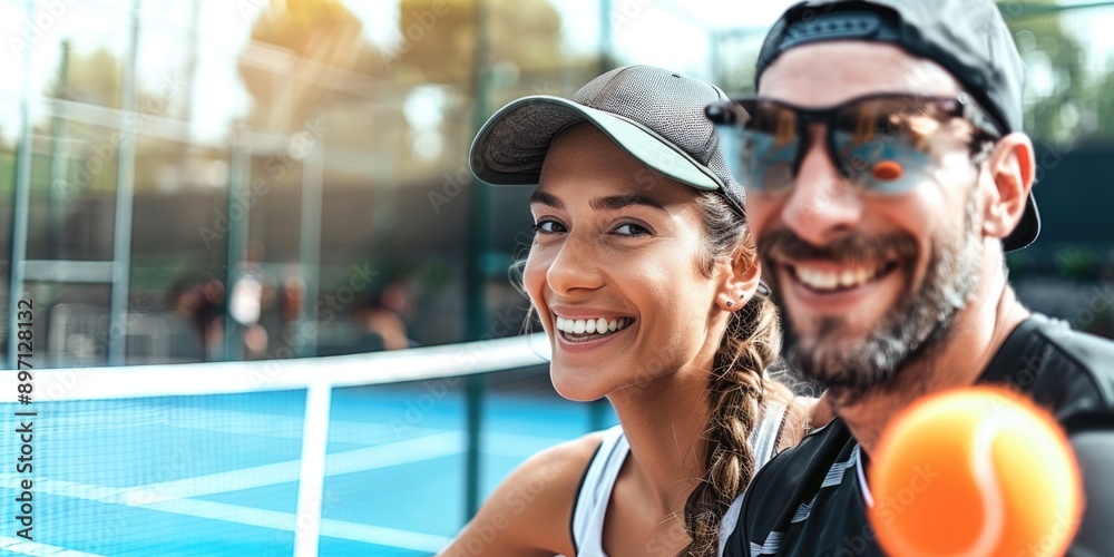 Couple standing on a tennis court, ready to play Couple standing on a tennis court, ready to play