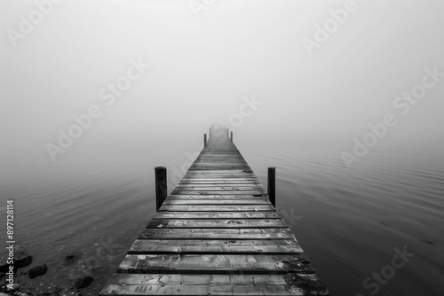 Misty lake pier in serene silence. Generative AI image