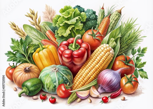 Vibrant watercolor illustration of assorted vegetables and fruits including corn, wheat, tomato, potato, broccoli, carrot, pepper, and garlic amidst lush greenery and leaves on transparent background.