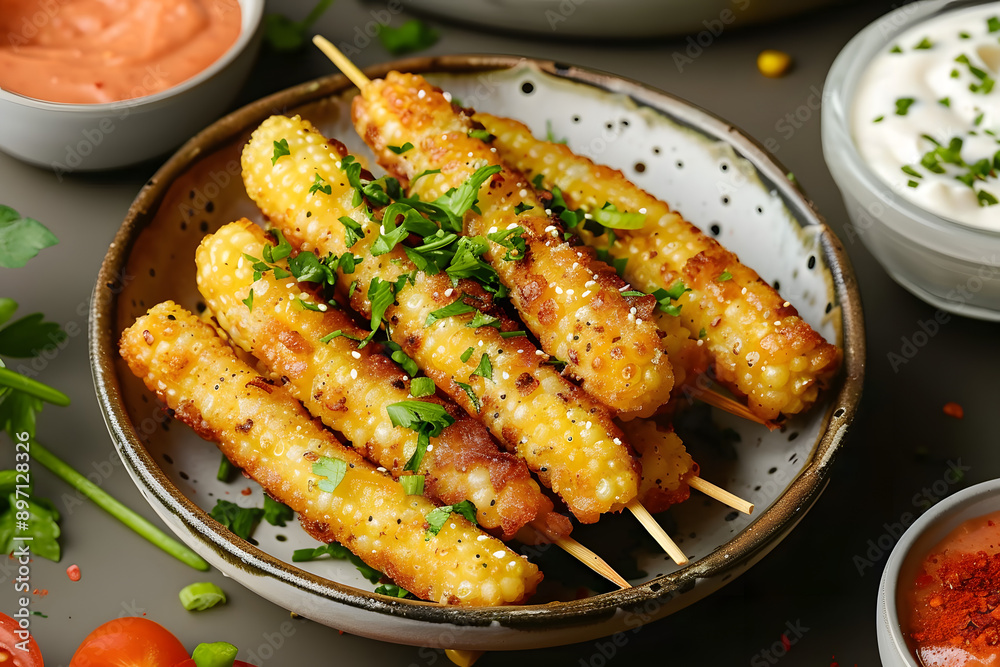Delicious crunchy corn stick platter with savory dips on bright surface Delicious crunchy corn stick platter with savory dips on bright surface