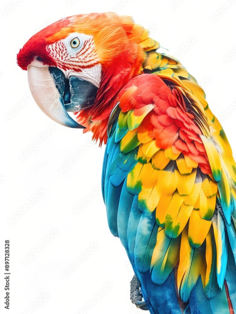 Fototapeta premium A vibrant parrot sits atop a tree branch, its bright plumage standing out against the natural surroundings