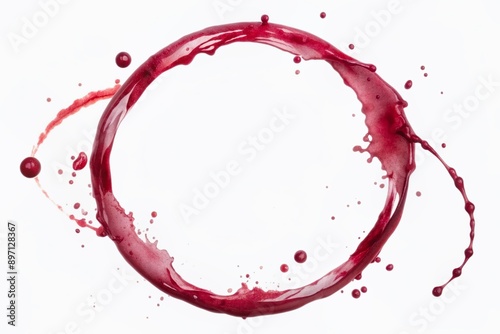Vibrant red wine stain on a white background, resembling a circular watermark, with splatters and blotches, evoking a sense of elegance and sophistication in wine culture.
