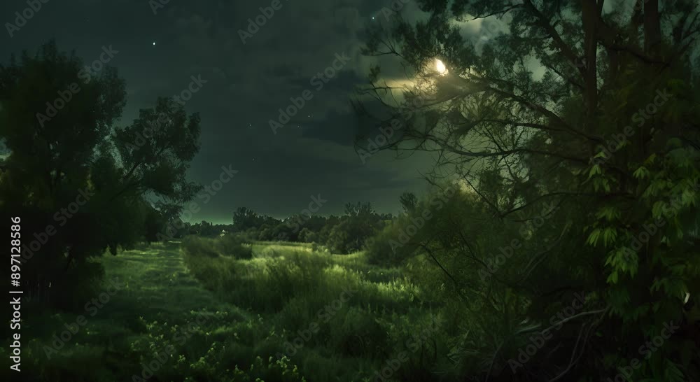 A dark forest with a full moon shining through the trees. Scene is mysterious and eerie A dark forest with a full moon shining through the trees. Scene is mysterious and eerie