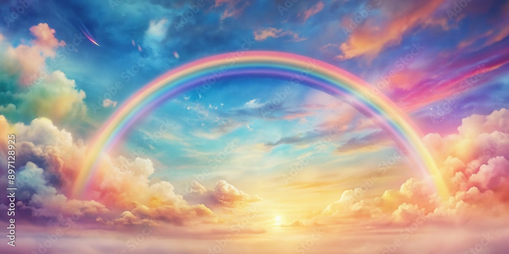 Vibrant watercolor sky showcases a dazzling rainbow arcing across pastel hues, evoking whimsy and romance, perfect for Valentine's Day celebrations and love-inspired designs.