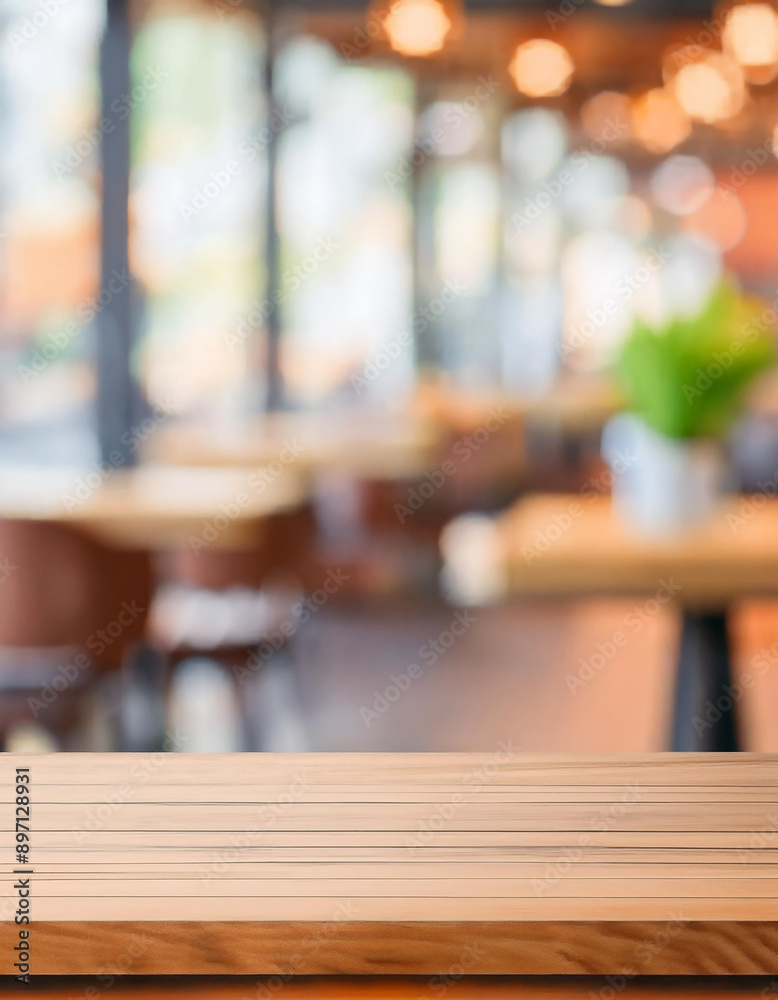 Wooden board empty table with abstract blurred cafe background Wooden board empty table with abstract blurred cafe background