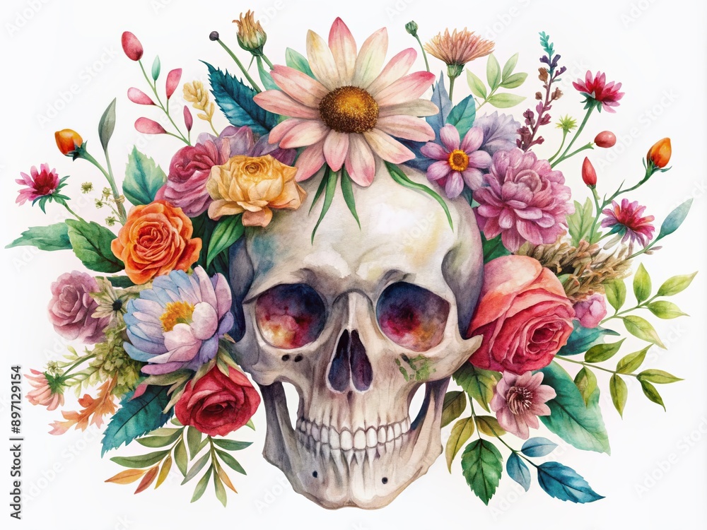 Fototapeta premium Delicate watercolor illustration of a skull adorned with vibrant flowers, surrounded by whimsical foliage, on a transparent background, perfect for mystical and romantic designs.
