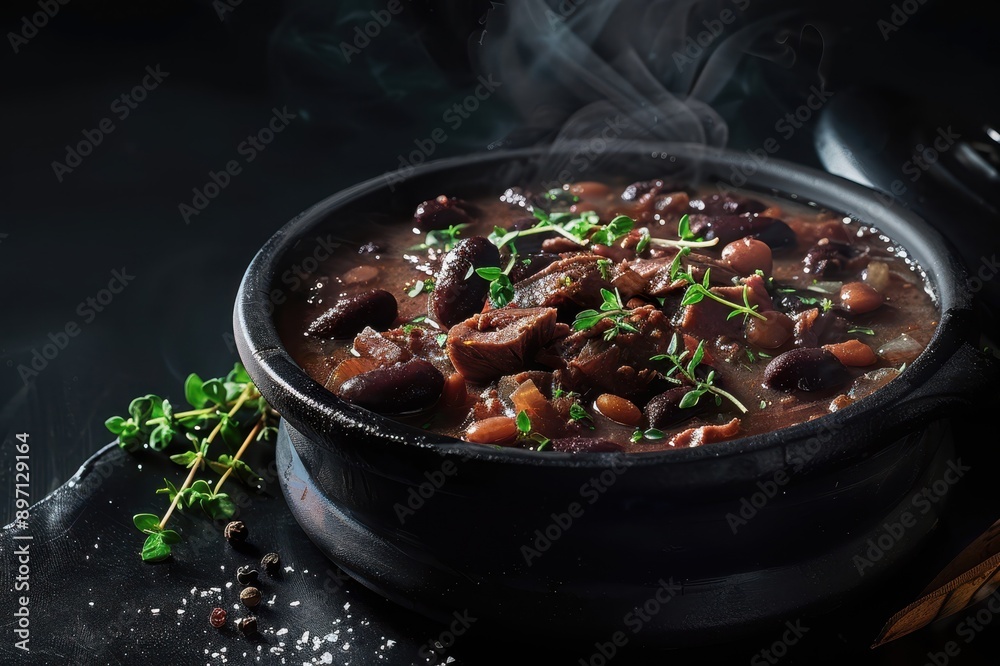 Steaming Pot of Hearty Beef and Bean Stew with Thyme Garnish