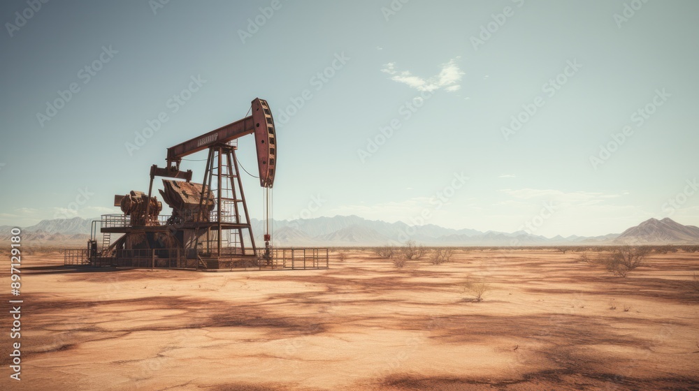 Photograph of an oil rig worker dwarfed by the towering machinery of an active desert oil field, emphasizing the contrast between human scale and industrial might. Photograph of an oil rig worker dwarfed by the towering machinery of an active desert oil field, emphasizing the contrast between human scale and industrial might.