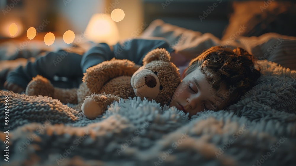 A child sleeping in a cozy bed with a teddy bear A child sleeping in a cozy bed with a teddy bear