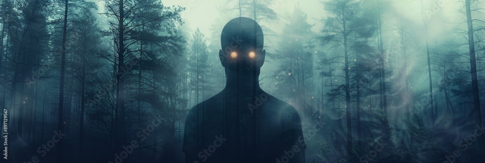 A shadowy figure with glowing eyes stands amidst a dense forest shrouded in mist, symbolizing mystery, fear, the unknown, isolation, and the supernatural. A shadowy figure with glowing eyes stands amidst a dense forest shrouded in mist, symbolizing mystery, fear, the unknown, isolation, and the supernatural.