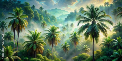 Vibrant watercolor painting of majestic palm trees emerging from lush green foliage in a serene jungle forest landscape with misty atmospheric effect.