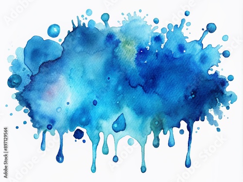 Vibrant blue hand-drawn watercolor liquid stain with abstract aqua smudges, scribbles, and drops creates a beautiful, artsy element for design, illustration, wallpaper, and cards.
