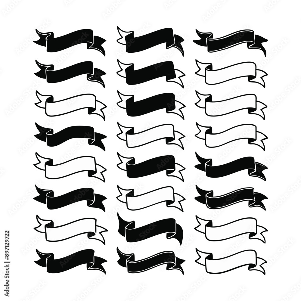 Hand-Drawn Monochrome Ribbon Vector Set – Elegant Decorative Elements Hand-Drawn Monochrome Ribbon Vector Set – Elegant Decorative Elements