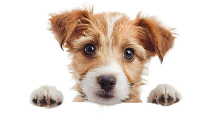 Puppy dog holding blank banner isolated on transparent background
