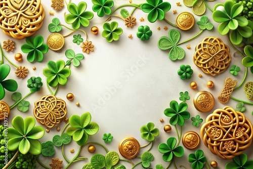 Vibrant four-leaf clovers, shining gold coins, and ornate Celtic knots adorn a crisp white background, celebrating the luck of the Irish on St. Patrick's Day. photo