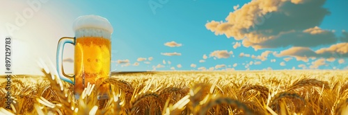 Glass of fresh amber beer on wheat ears field. Beer brewery and harvest concept. International Beer Day. Peterborough Beer Festival, Oktoberfest. Background with copy space for banner, poster photo