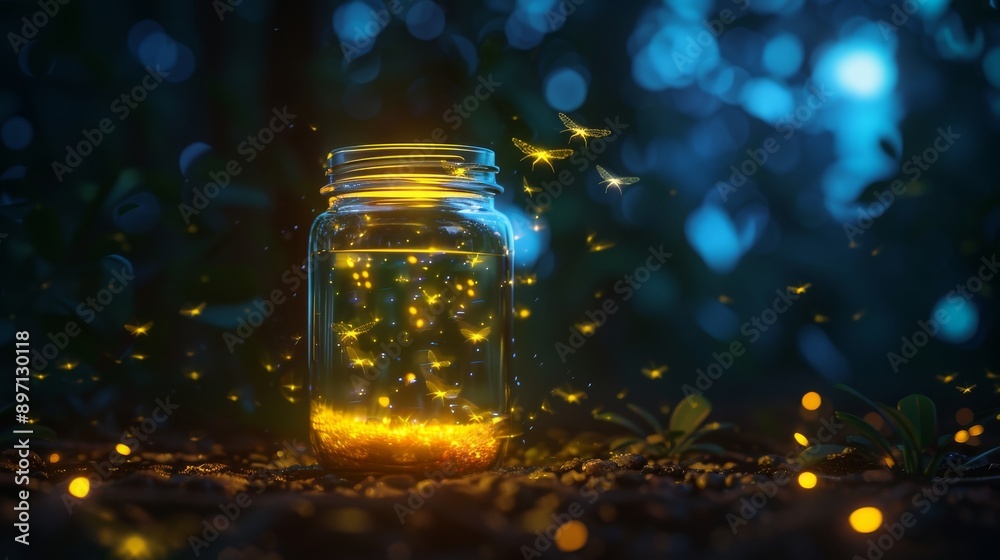 A glass jar filled with fireflies glows in the dark forest, symbolizing nature's magic, hope, light in the darkness, dreams, and captured beauty. A glass jar filled with fireflies glows in the dark forest, symbolizing nature's magic, hope, light in the darkness, dreams, and captured beauty.