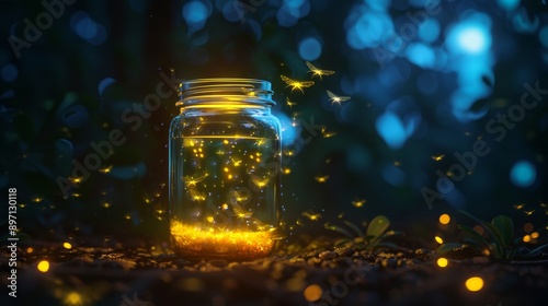 A glass jar filled with fireflies glows in the dark forest, symbolizing nature's magic, hope, light in the darkness, dreams, and captured beauty.