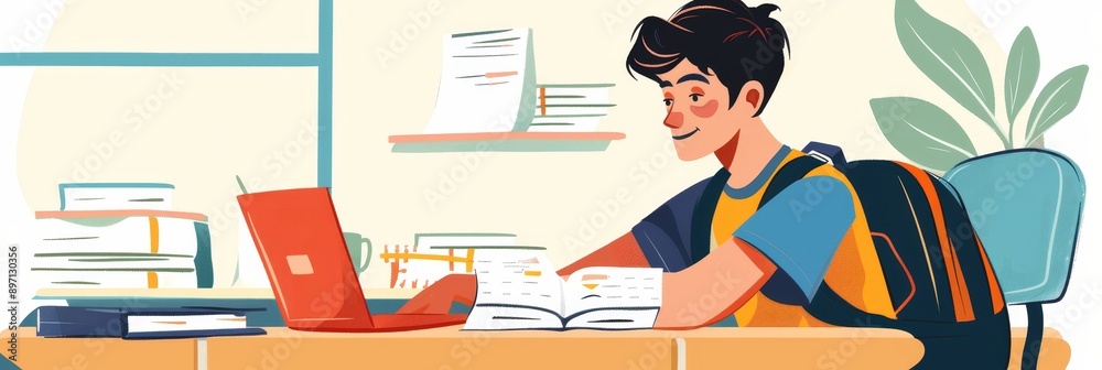 A young student is sitting at a desk with a laptop open and a textbook. The student is concentrating on their studies and has a backpack on the chair. This image represents learning, knowledge, techno A young student is sitting at a desk with a laptop open and a textbook. The student is concentrating on their studies and has a backpack on the chair. This image represents learning, knowledge, techno